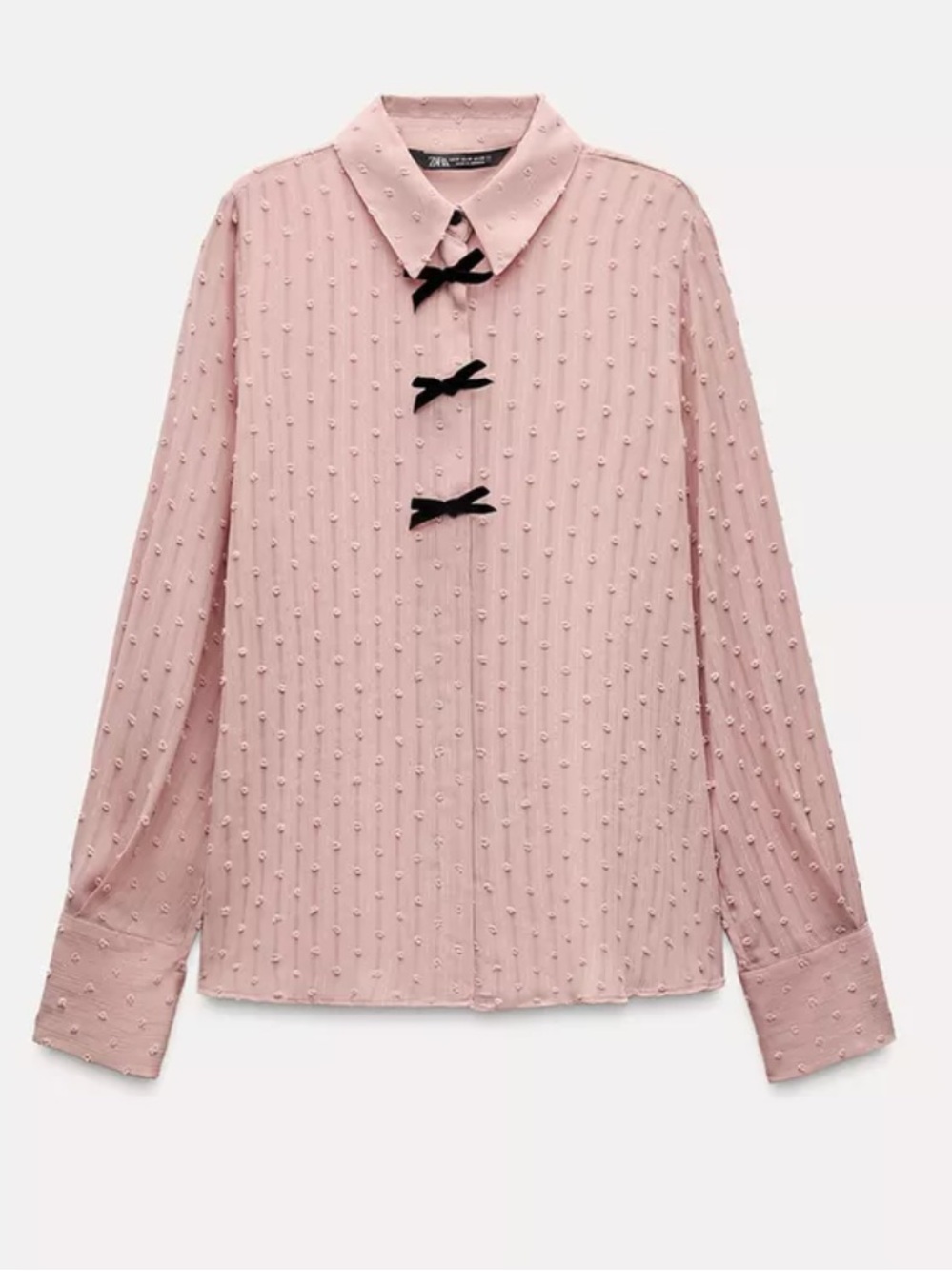 ZARA NWOT Pink Textured Button-Down Shirt with Contrast Bows